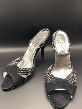 Vintage Garolini Black Suede and Rhinestones Italian Strappy Slingback Heels